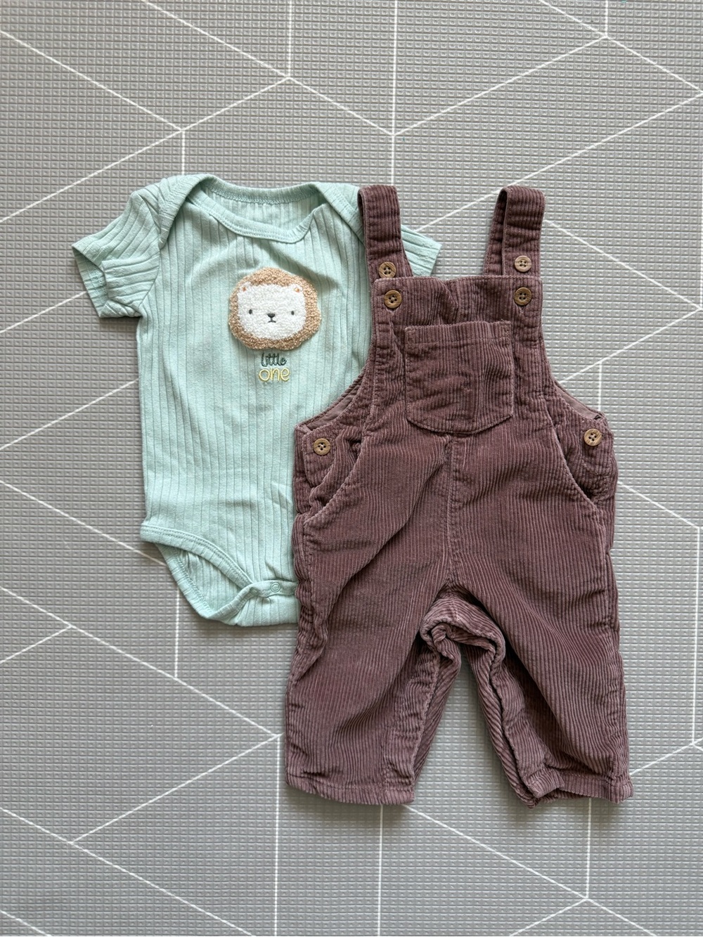 Little Planet|Baby boy organic Brown Corduroy Overalls Set w Mint Lion onesie•••